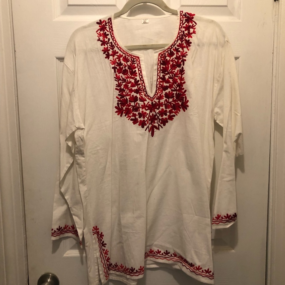White Tunic Top with Red Floral Embroidery